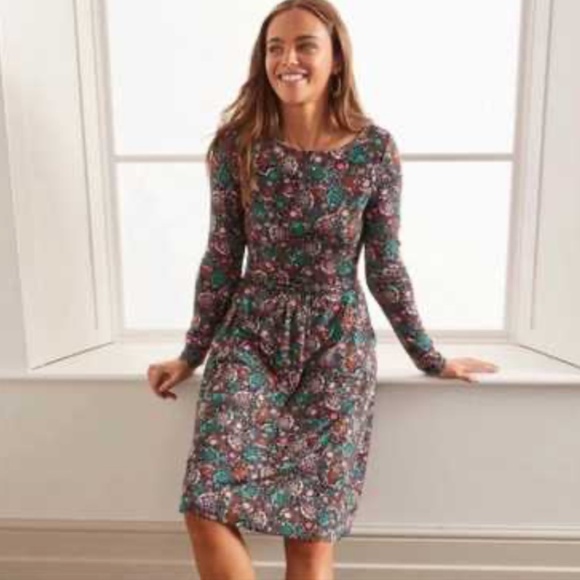 Boden Abigail Dress 8 Long Sleeve Leaf Print Stretch Jersey Pockets Thanksgiving - Picture 3 of 14